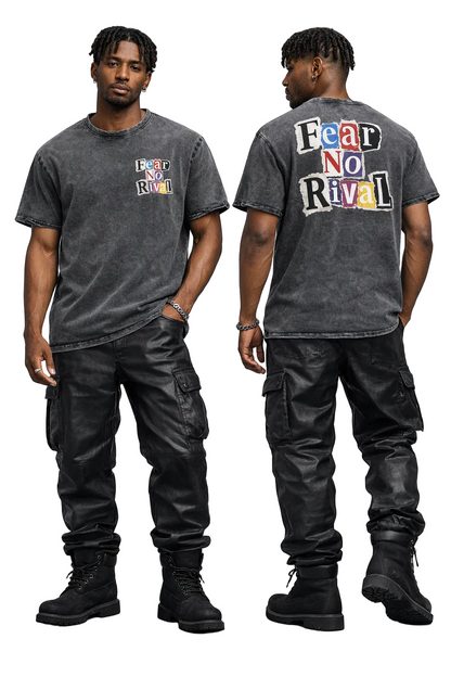 Person wearing a gray t-shirt with 'Fear No Rival' text on a plain background