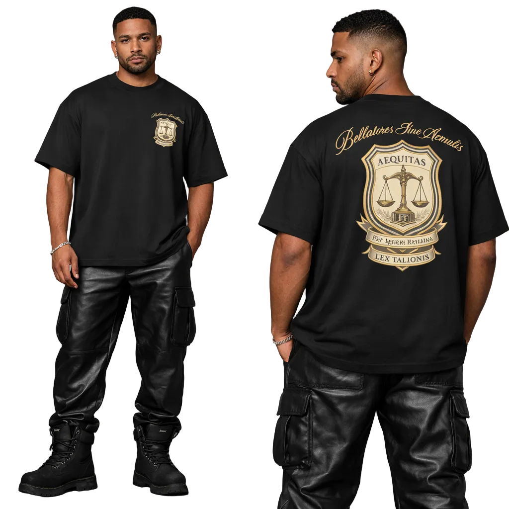 Man wearing a black t-shirt with a logo on the front and back, standing against a gray background.