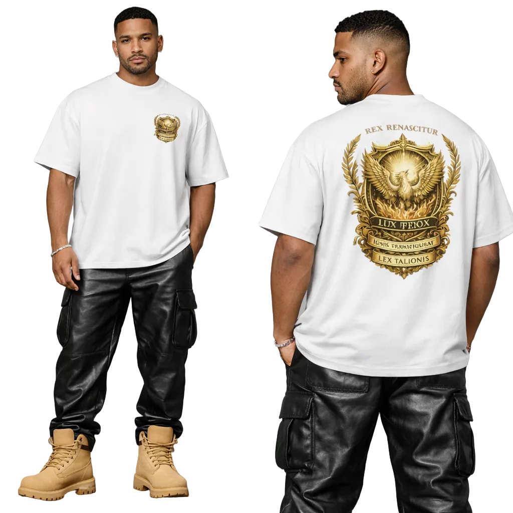 Man wearing a white t-shirt with gold emblem design on a gray background