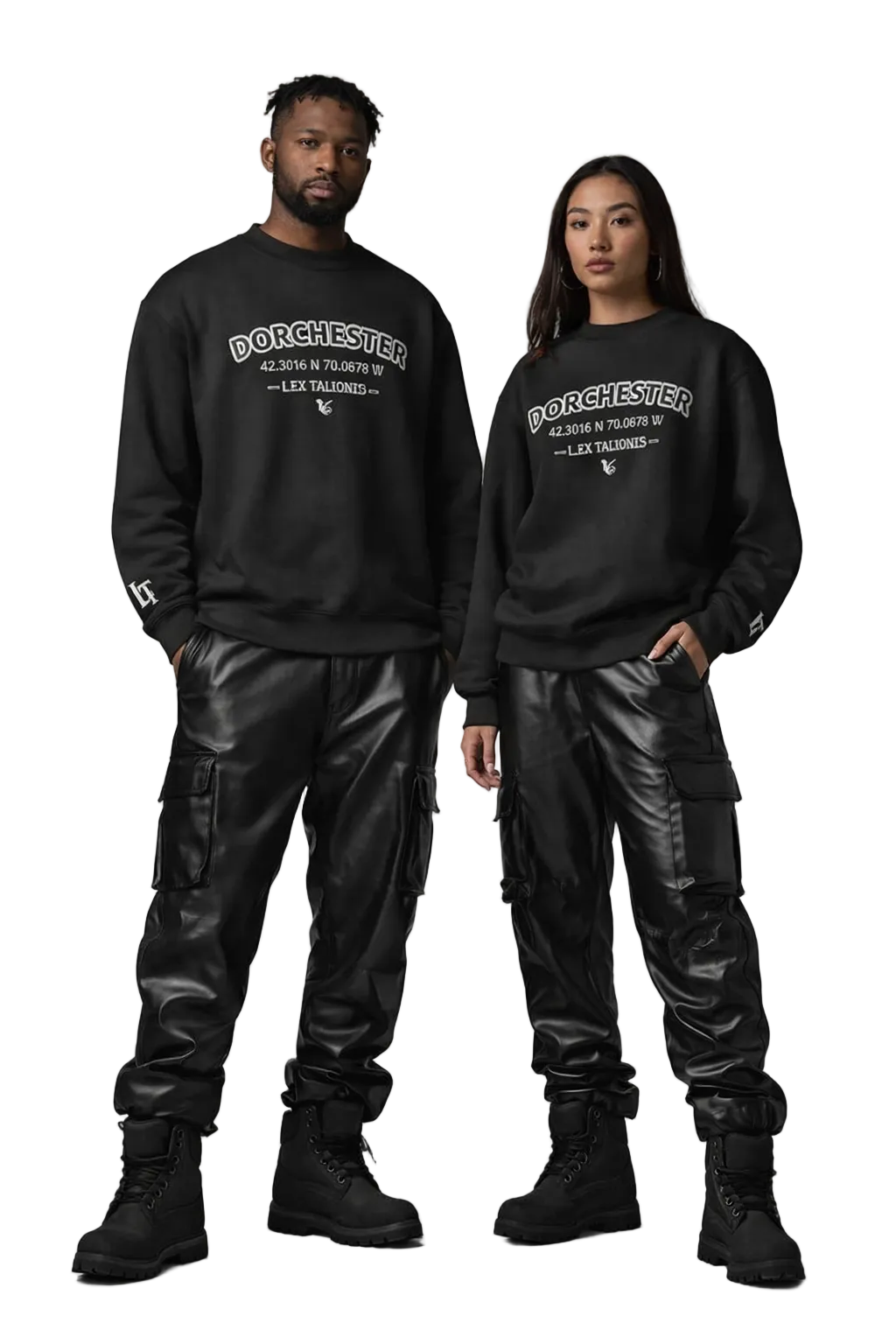 Two people wearing black sweatshirts with 'Dorchester' text, standing against a gray background.