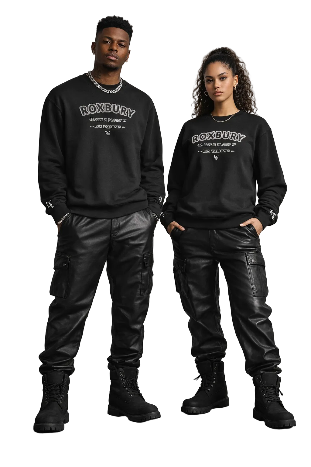 Two people wearing black sweatshirts with 'ROXBURY' text, standing against a gray background.