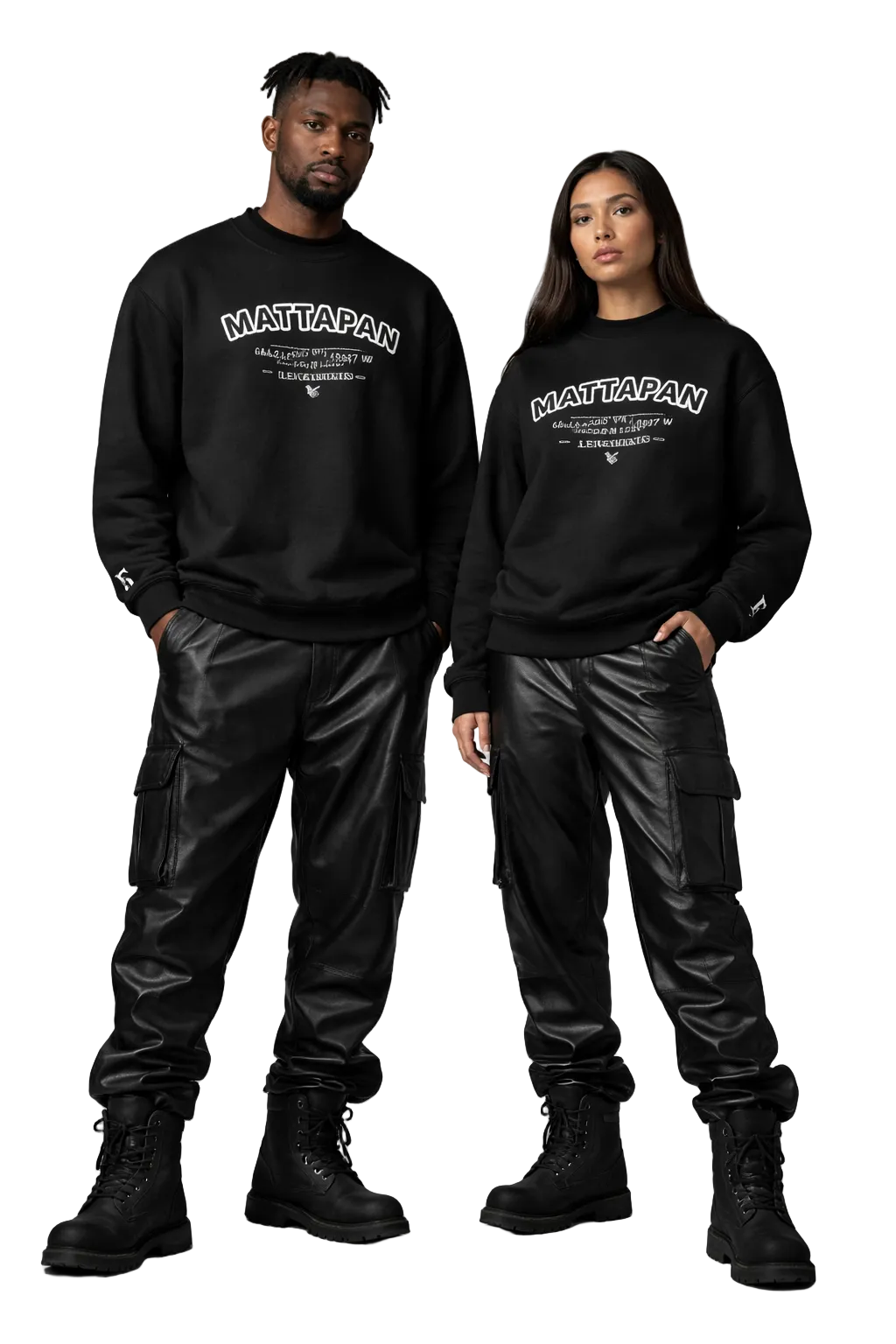 Two people wearing matching black sweatshirts with 'MATTAPAN' text, standing against a gray background.