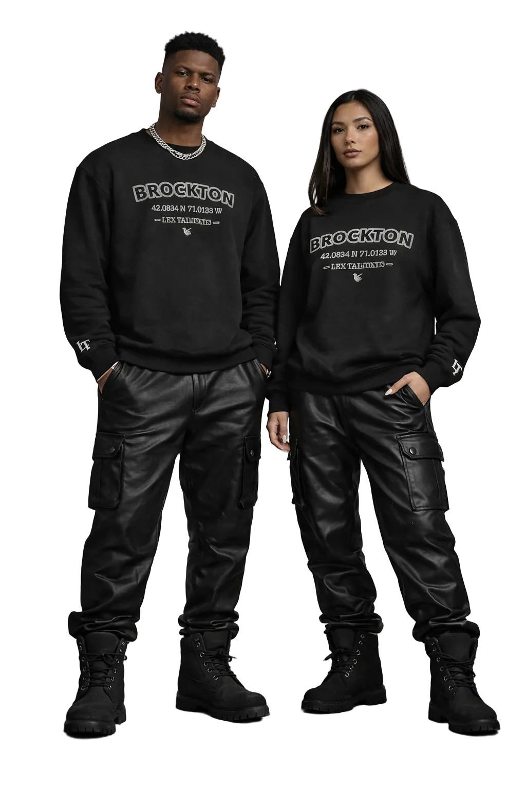 Two people wearing matching black sweatshirts and cargo pants with 'Brockton' text on a gray background.