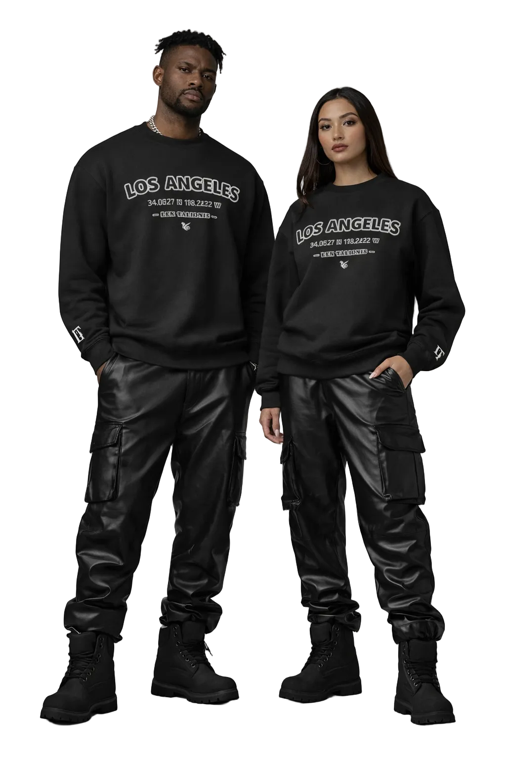 Two people wearing black sweatshirts with 'Los Angeles' text, standing against a gray background.