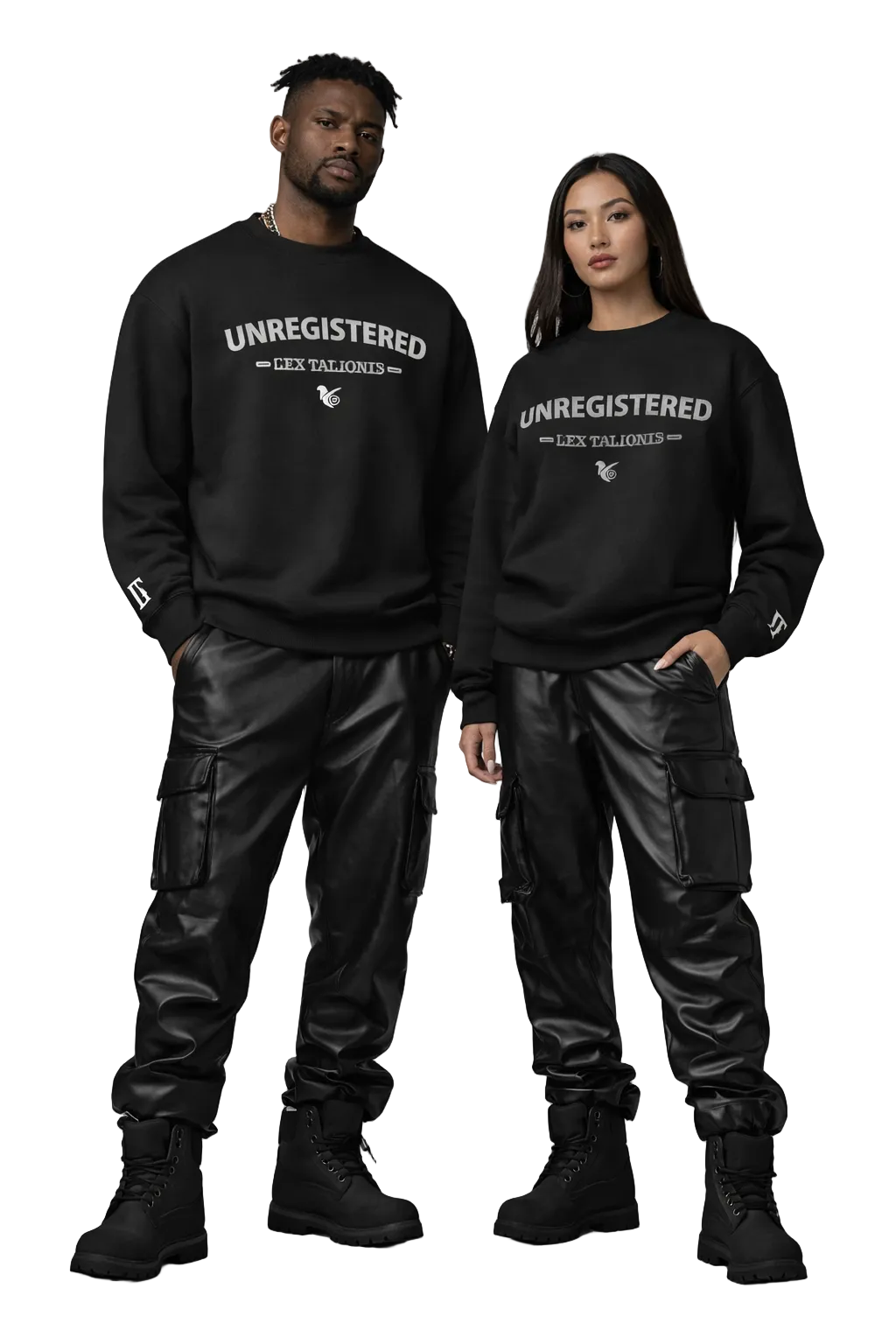 Two people wearing black sweatshirts with 'UNREGISTERED' text on a gray background