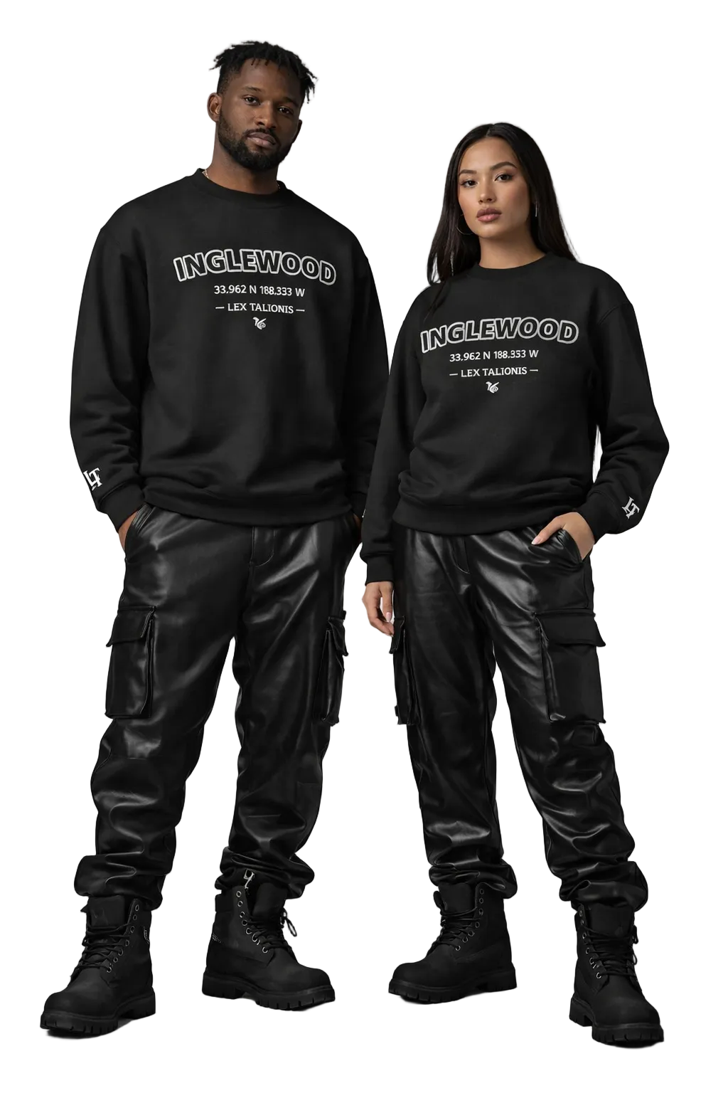 Two people wearing matching black sweatshirts with 'Inglewood' text on a gray background