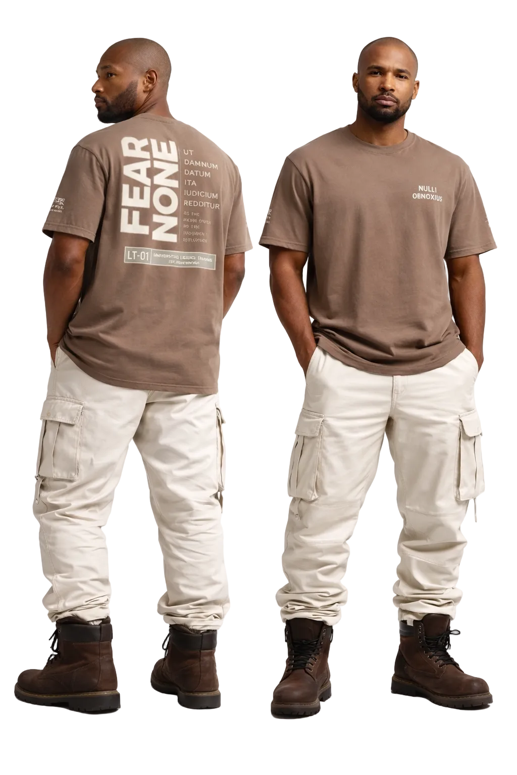 Man wearing a brown t-shirt with text and beige cargo pants on a white background