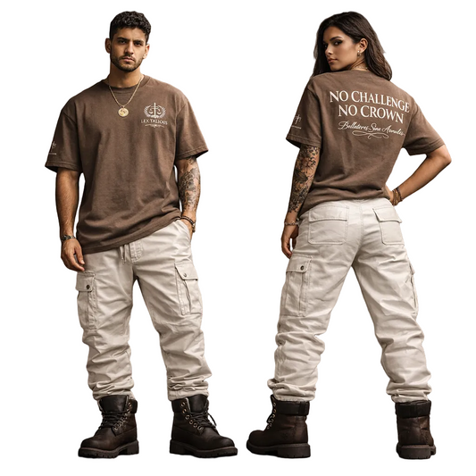 Two people wearing matching brown t-shirts and white pants against a textured gray background.