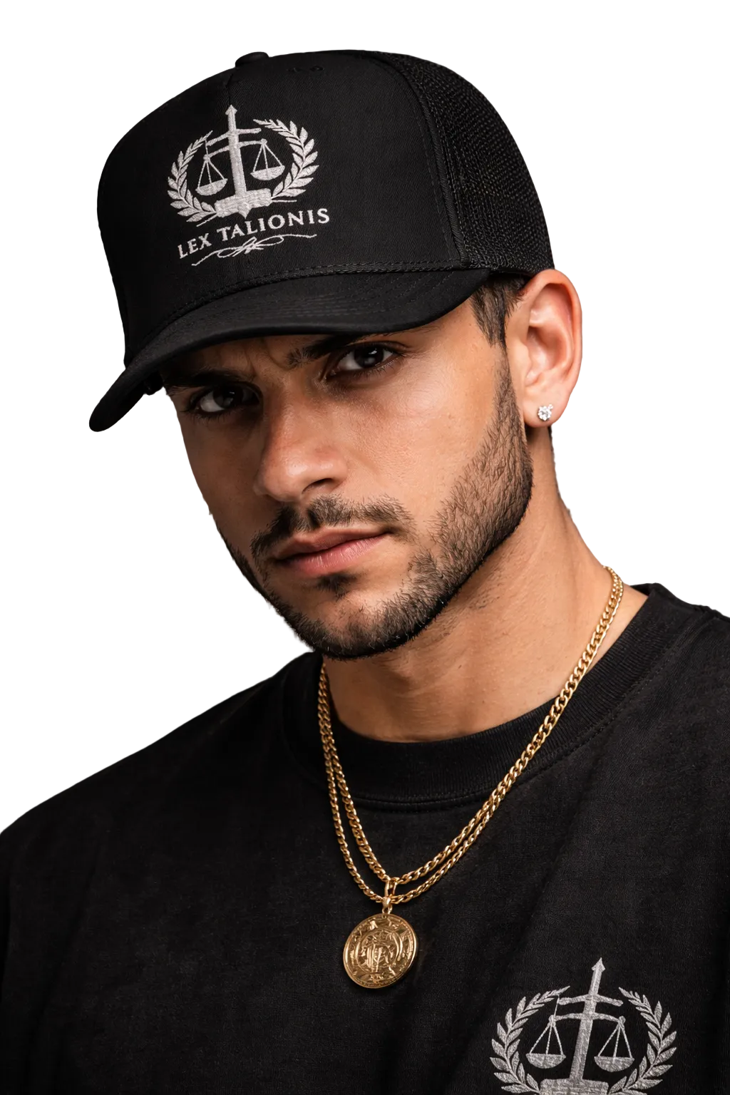 Man wearing a black cap and black shirt with 'Lex Talionis' design, against a dark background.