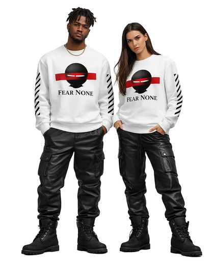 Four models wearing matching white sweatshirts with a logo and text, paired with black leather pants and boots on a light gray background.