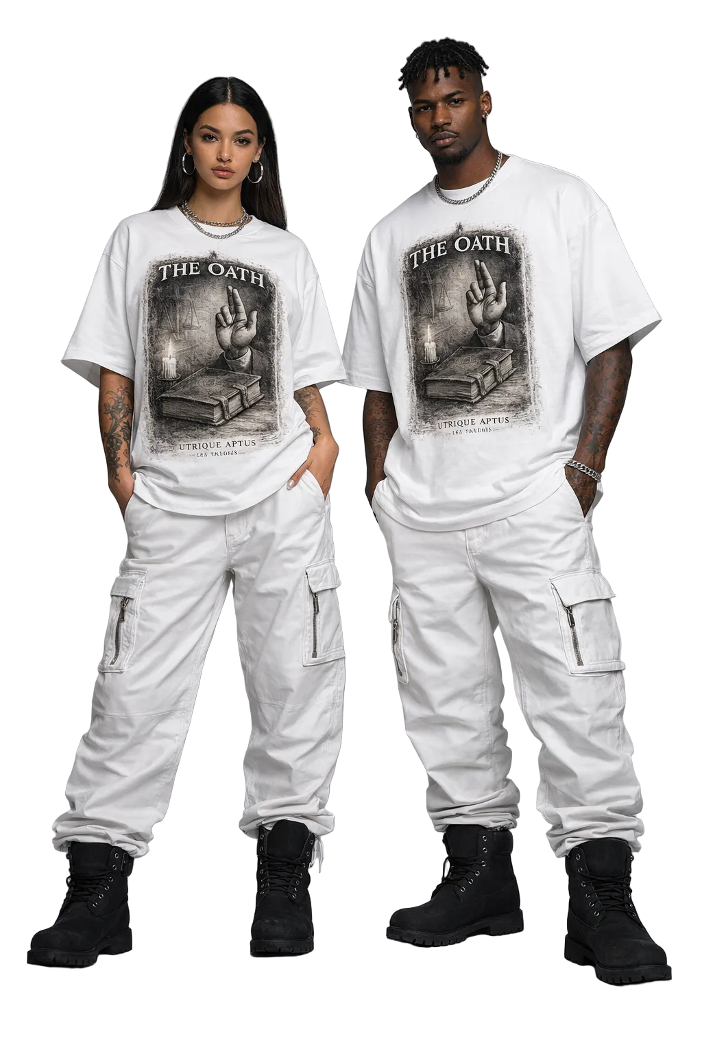 Two people wearing matching white t-shirts with graphic designs and cargo pants on a gray background