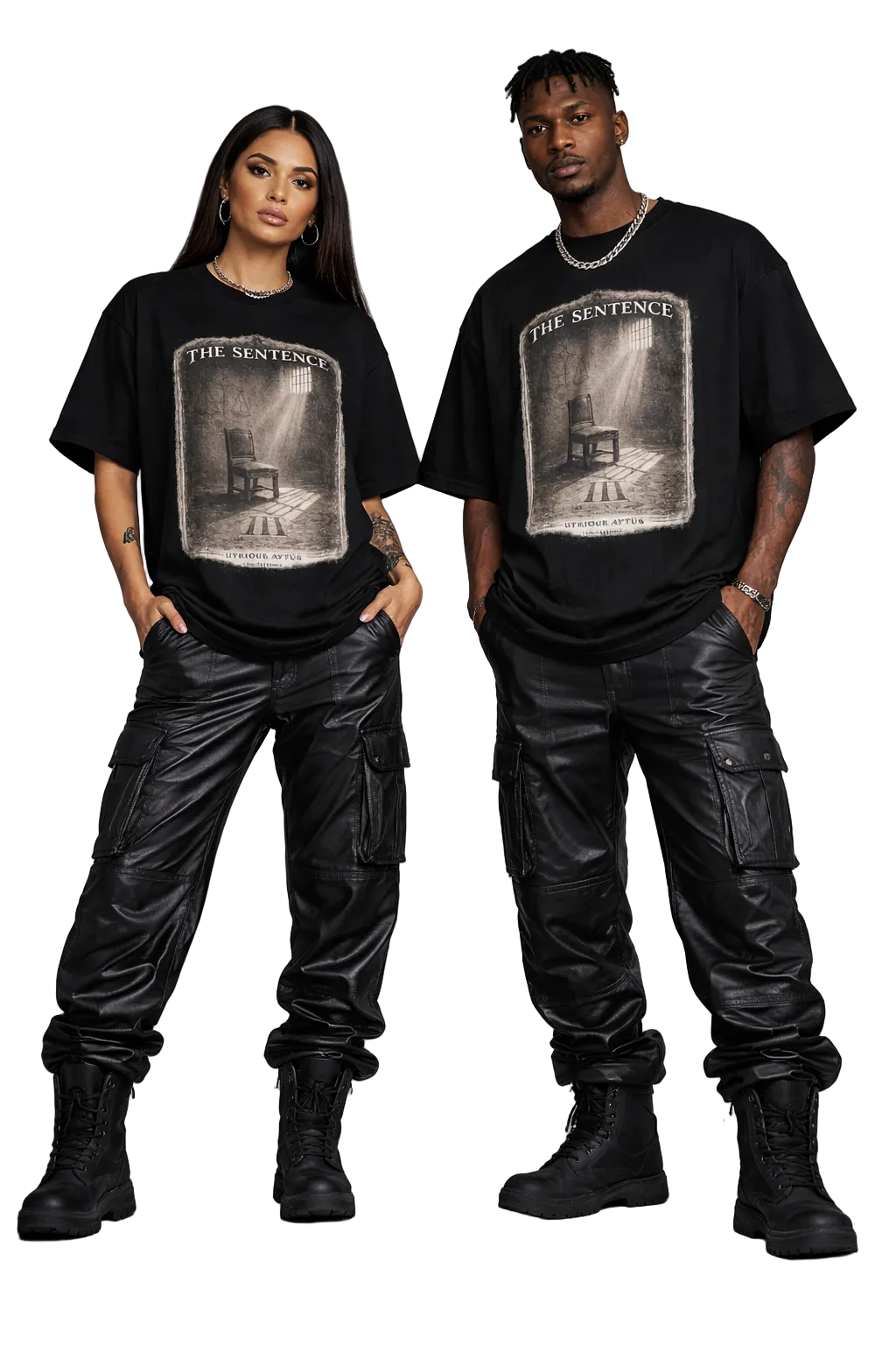 Two people wearing matching black t-shirts with a graphic design on a gray background