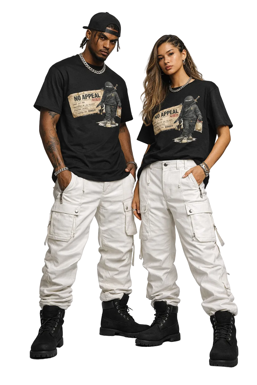 Two people wearing matching black t-shirts with graphic designs and white cargo pants on a plain background.