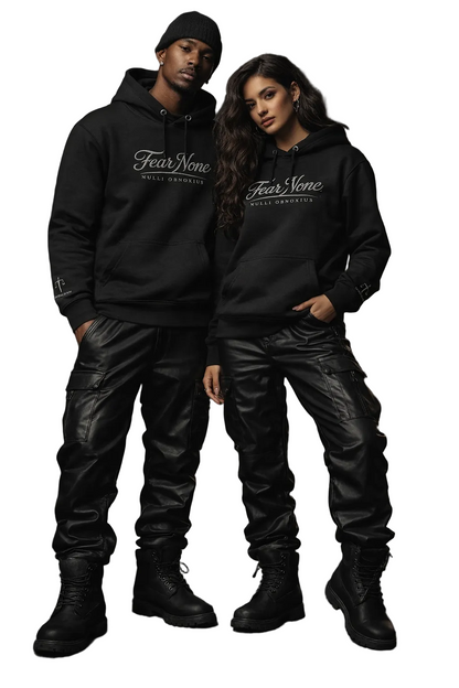 Two people wearing black hoodies with 'Fear None' text, standing against a dark background.