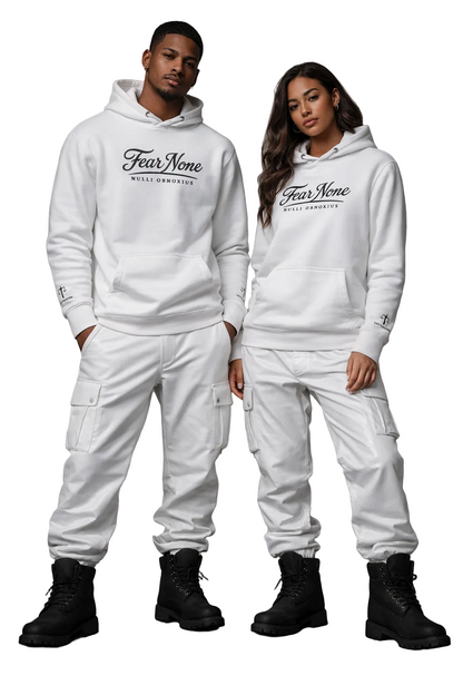 Two people wearing matching white hoodies and pants with 'Fear None' text on a gray background.