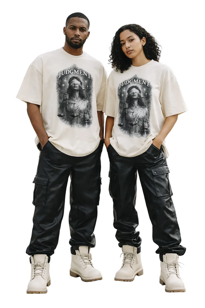 Two people wearing 'Judgment' t-shirts with a graphic design, standing outdoors.