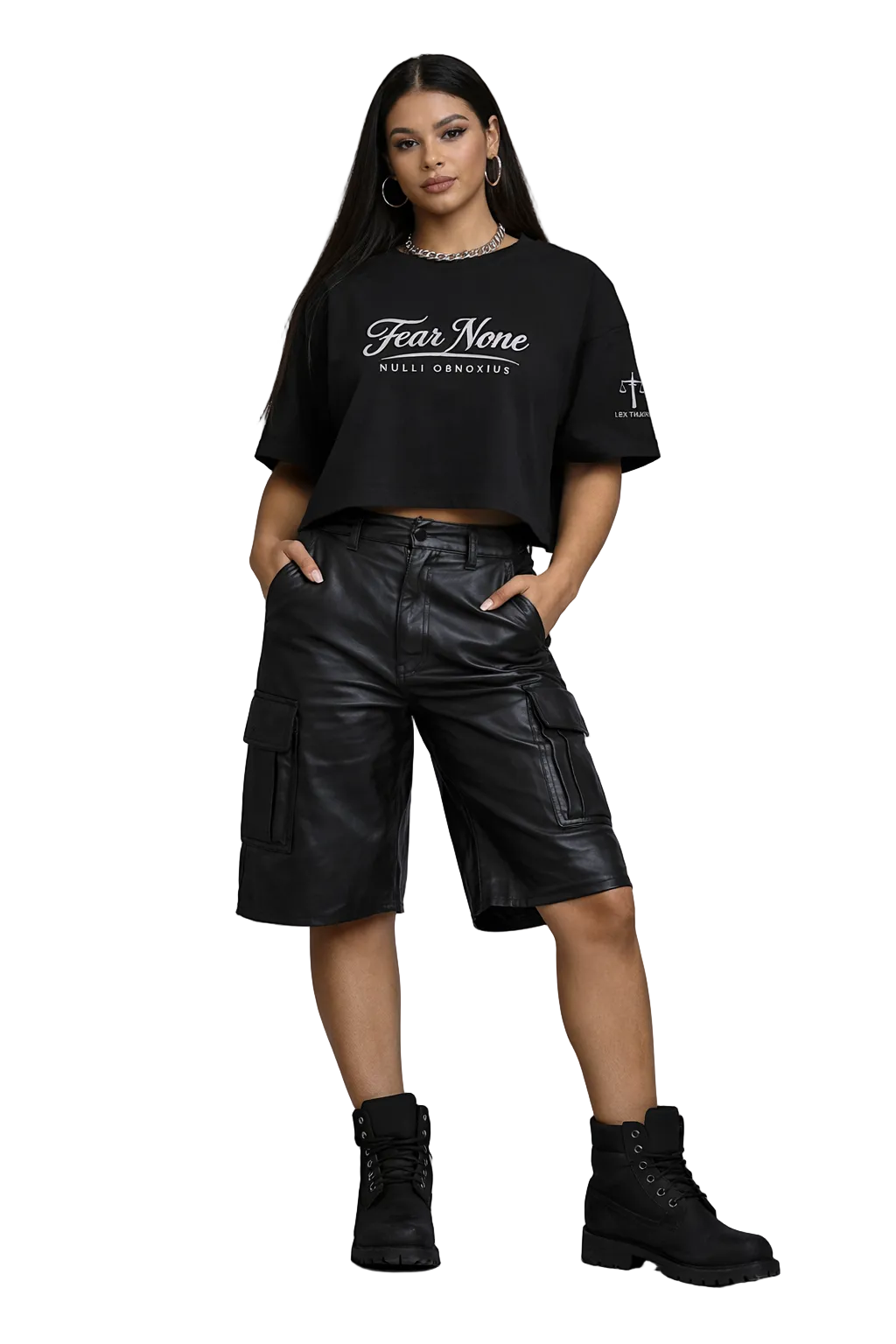 Person wearing a black t-shirt with 'Fear None' text and black cargo shorts on a gray background
