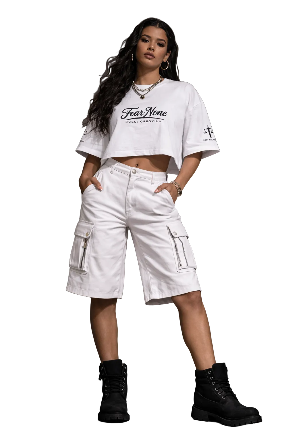 Woman wearing a white 'Fear No Evil' t-shirt, white cargo shorts, and black boots in an urban setting.