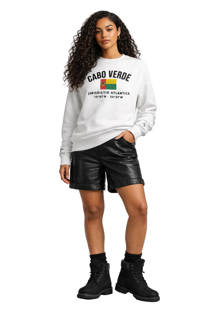Person wearing a white sweatshirt with 'Cabo Verde' text and graphics, black leather shorts, and black boots on a white background.