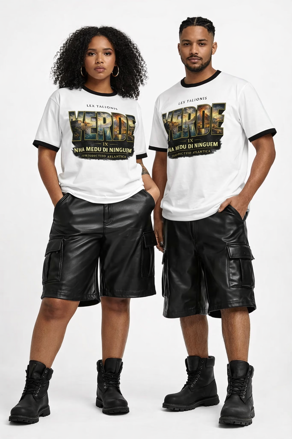 Two people wearing matching white t-shirts with graphic designs and black leather shorts on a white background.