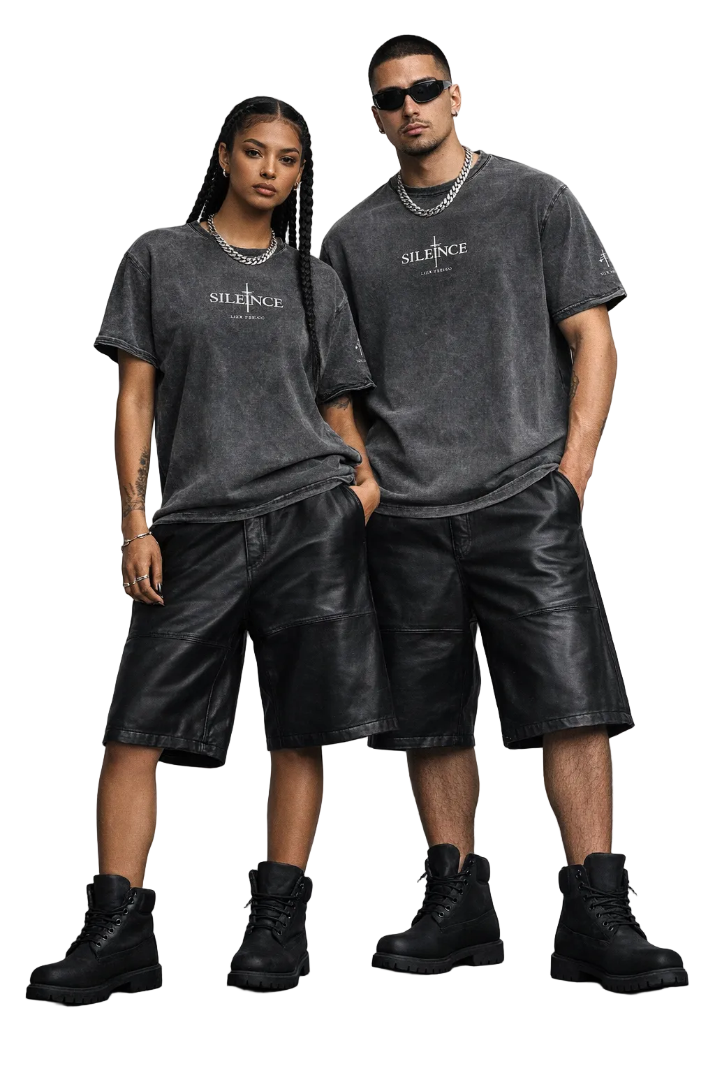 Two people wearing matching black t-shirts and leather shorts on a plain background