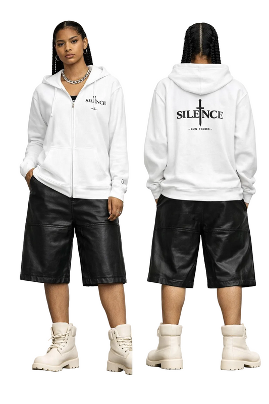 Person wearing a white hoodie with 'SILENCE' text, black leather shorts, and white boots on a gray background.