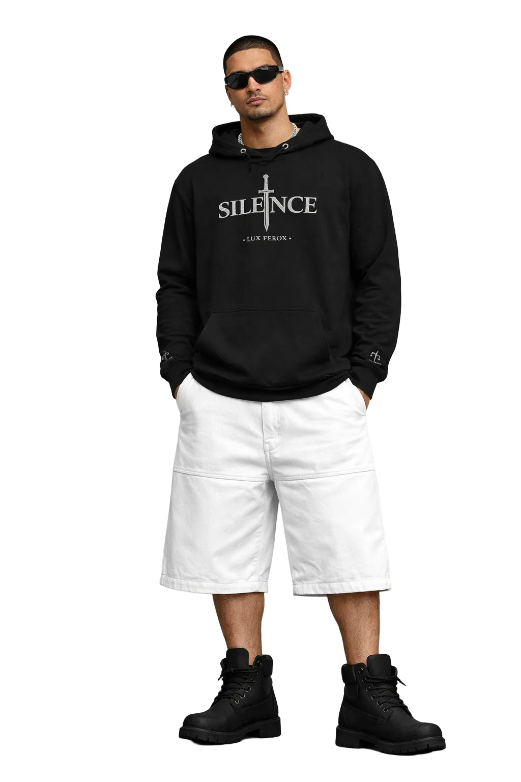 Person wearing a black hoodie with 'SILENCE' text, white shorts, and black boots on a light gray background