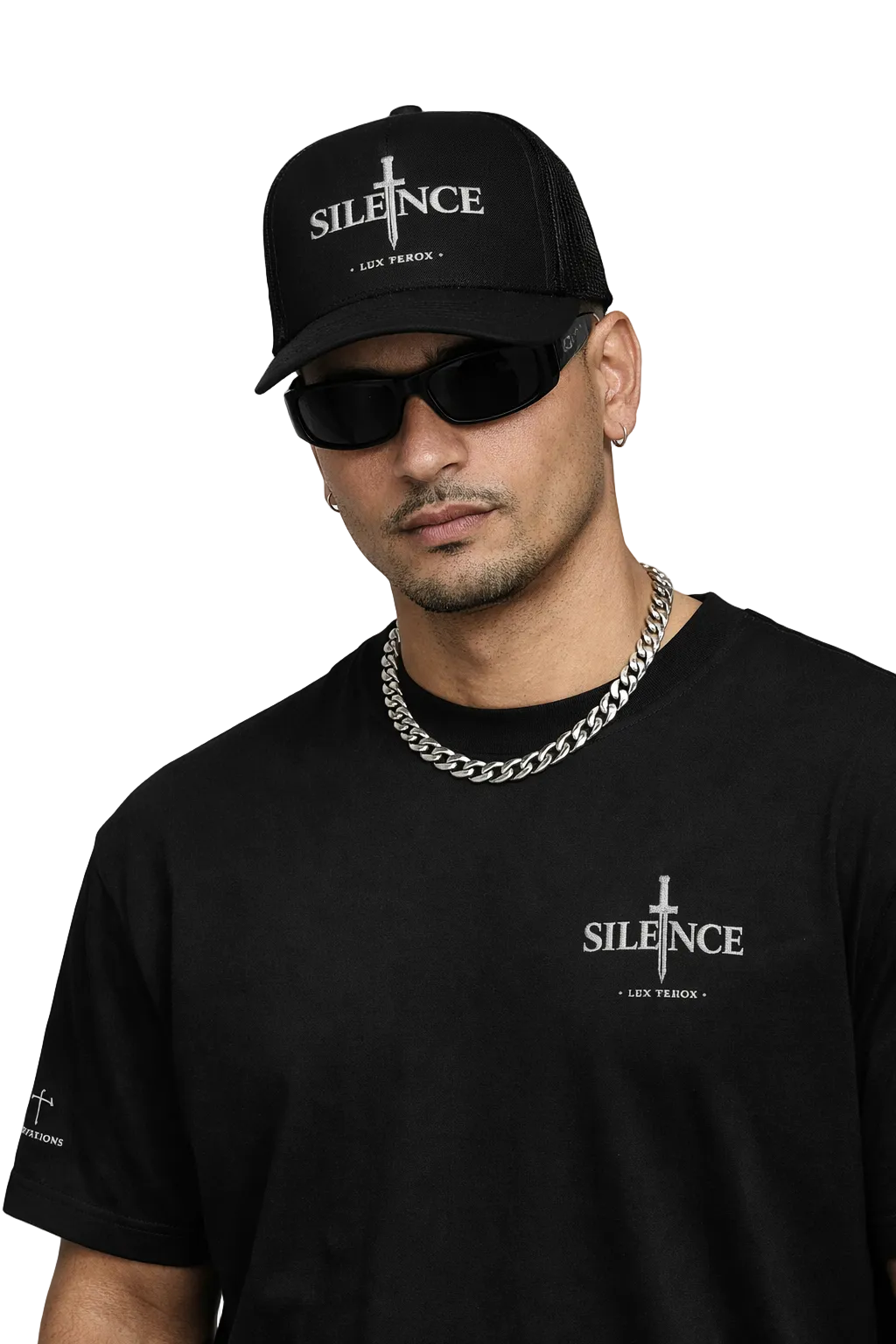 Man wearing a black cap and sunglasses with 'SILENCE' branding on a light gray background