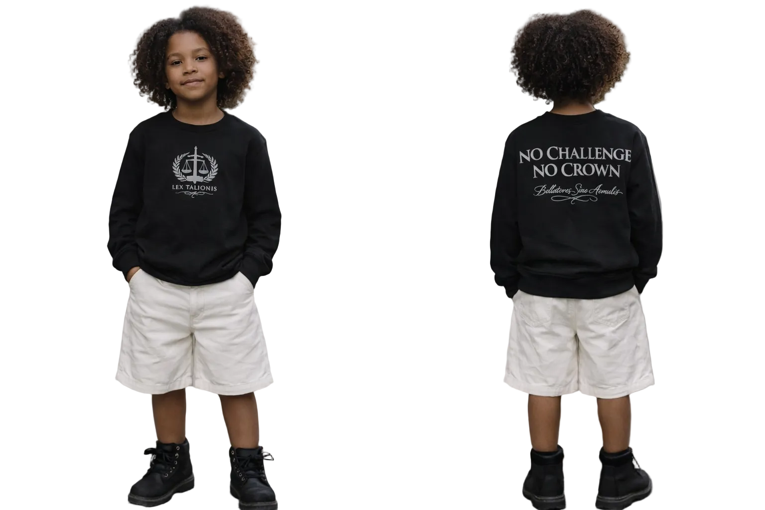 Child wearing a black sweatshirt with text on the front and back, standing on a sidewalk.
