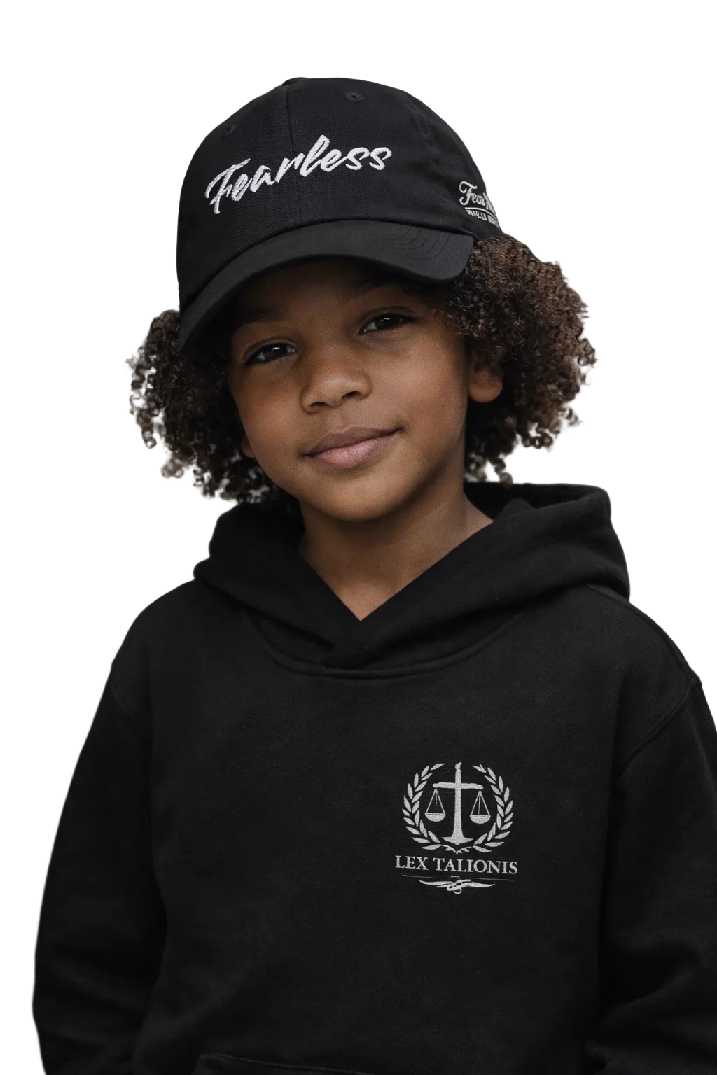 Child wearing a black cap and hoodie with text and logos