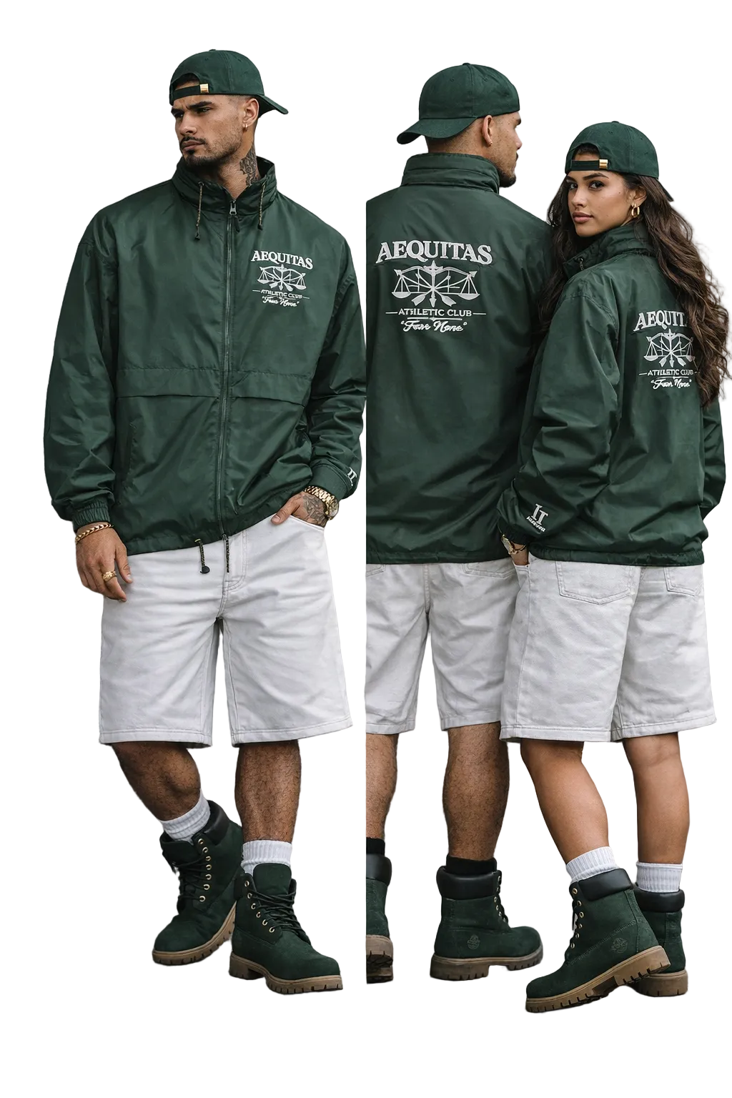 Two people wearing green jackets with 'ARQUITAS' branding, standing against a concrete wall.