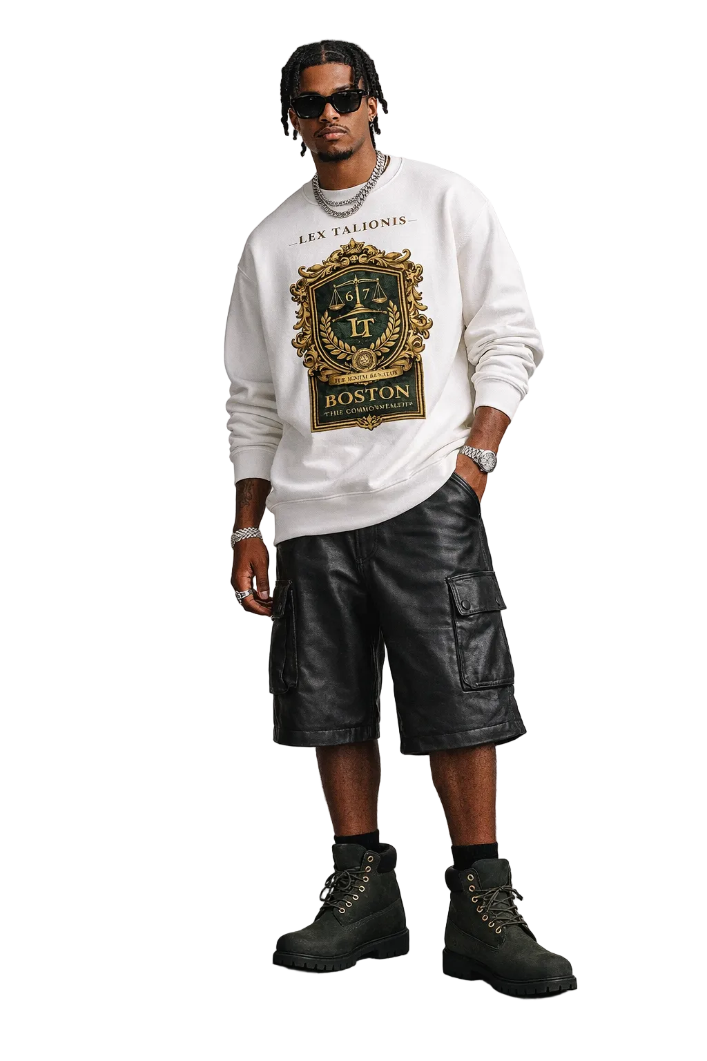 Person wearing a white sweatshirt with a logo and text, black leather shorts, and black boots on a plain background