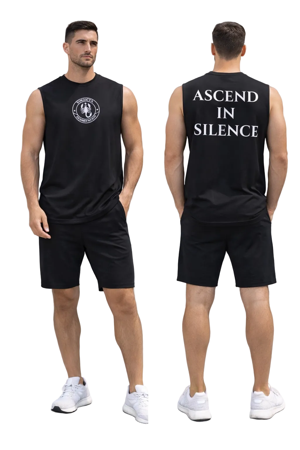 Man wearing a black sleeveless shirt with a logo on the front and 'Ascend in Silence' text on the back, standing in front of a gray building.