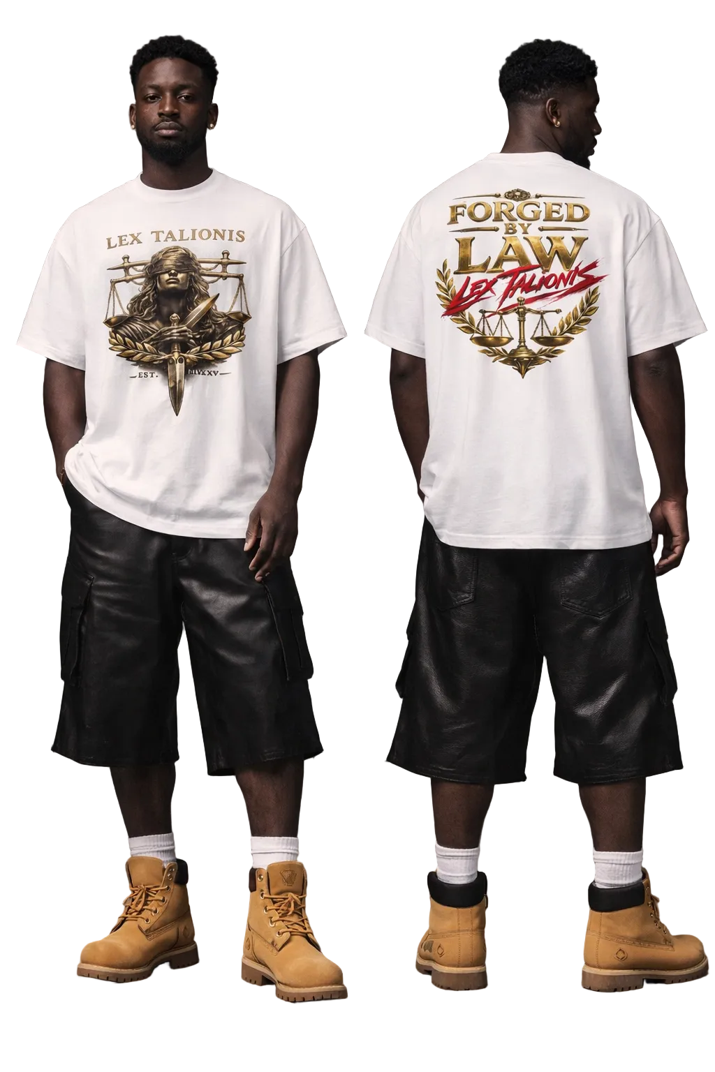 Person wearing a white t-shirt with graphic designs on the front and back, standing against a gray background.