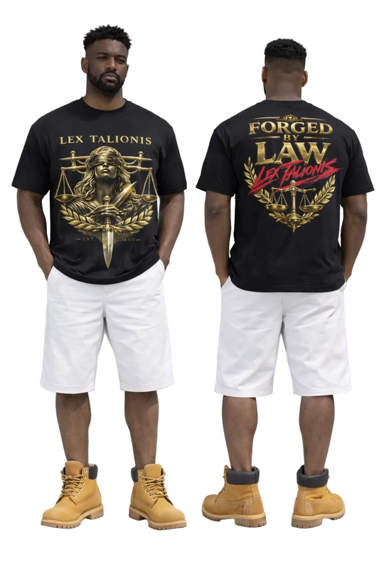 Man wearing a black t-shirt with gold and red text and graphics, standing on steps.