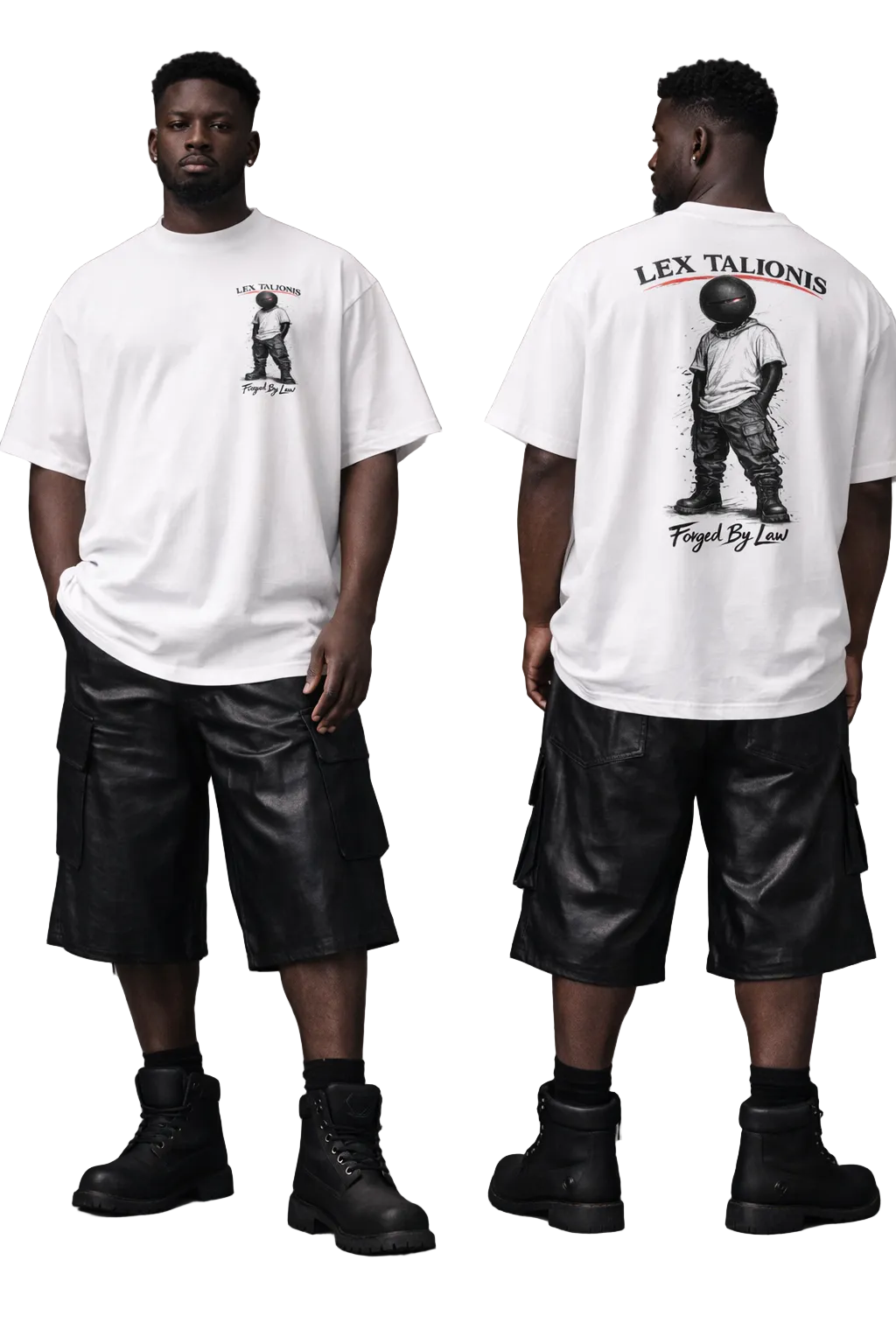 Person wearing a white t-shirt with a graphic design on a gray background