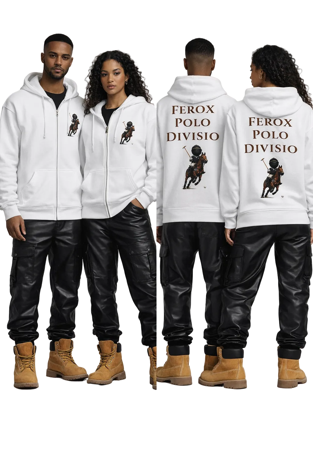 Two people wearing white hoodies with 'Ferox Polo Division' text and logo, standing side by side with front and back views.