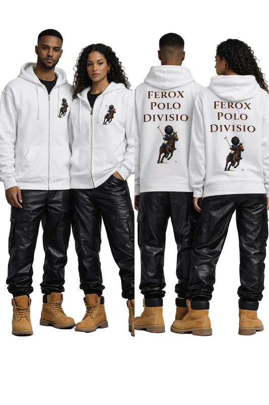 Two people wearing white hoodies with 'Ferox Polo Division' text and logo, standing side by side with front and back views.