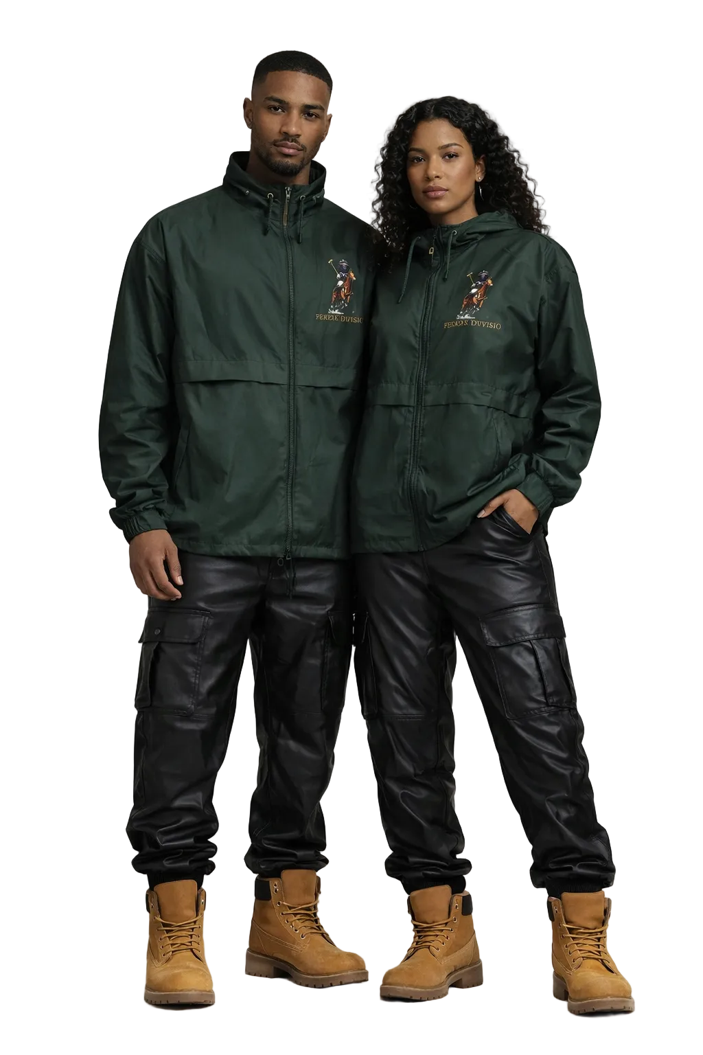Two people wearing matching green jackets and black pants on a plain background