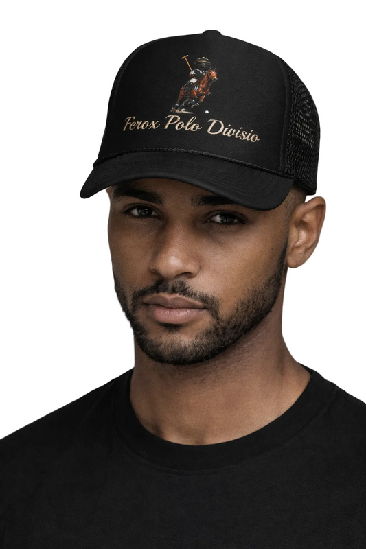 Man wearing a black cap with text and logo against a neutral background