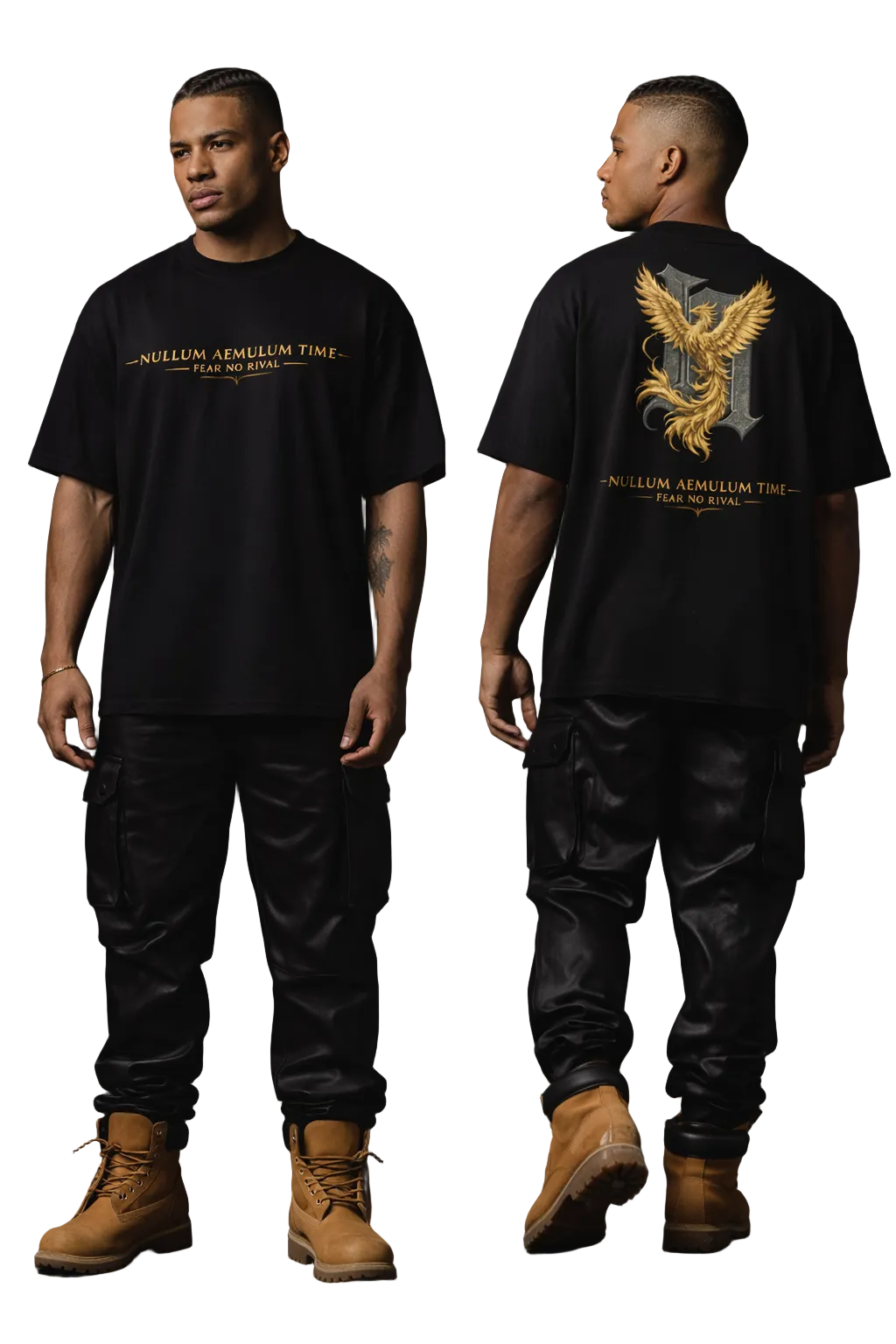 Person wearing a black t-shirt with gold text and a gold eagle emblem on the back, standing against a dark background.