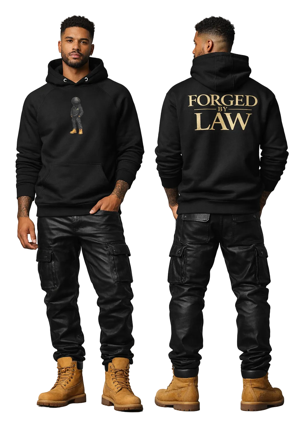 Black hoodie with 'Forged by the Law' text on the back, worn by a person against a gray background.