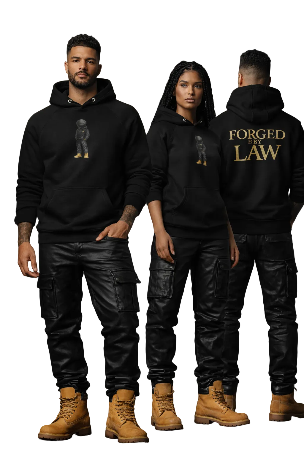 Three people wearing black hoodies with text and a logo on a dark background