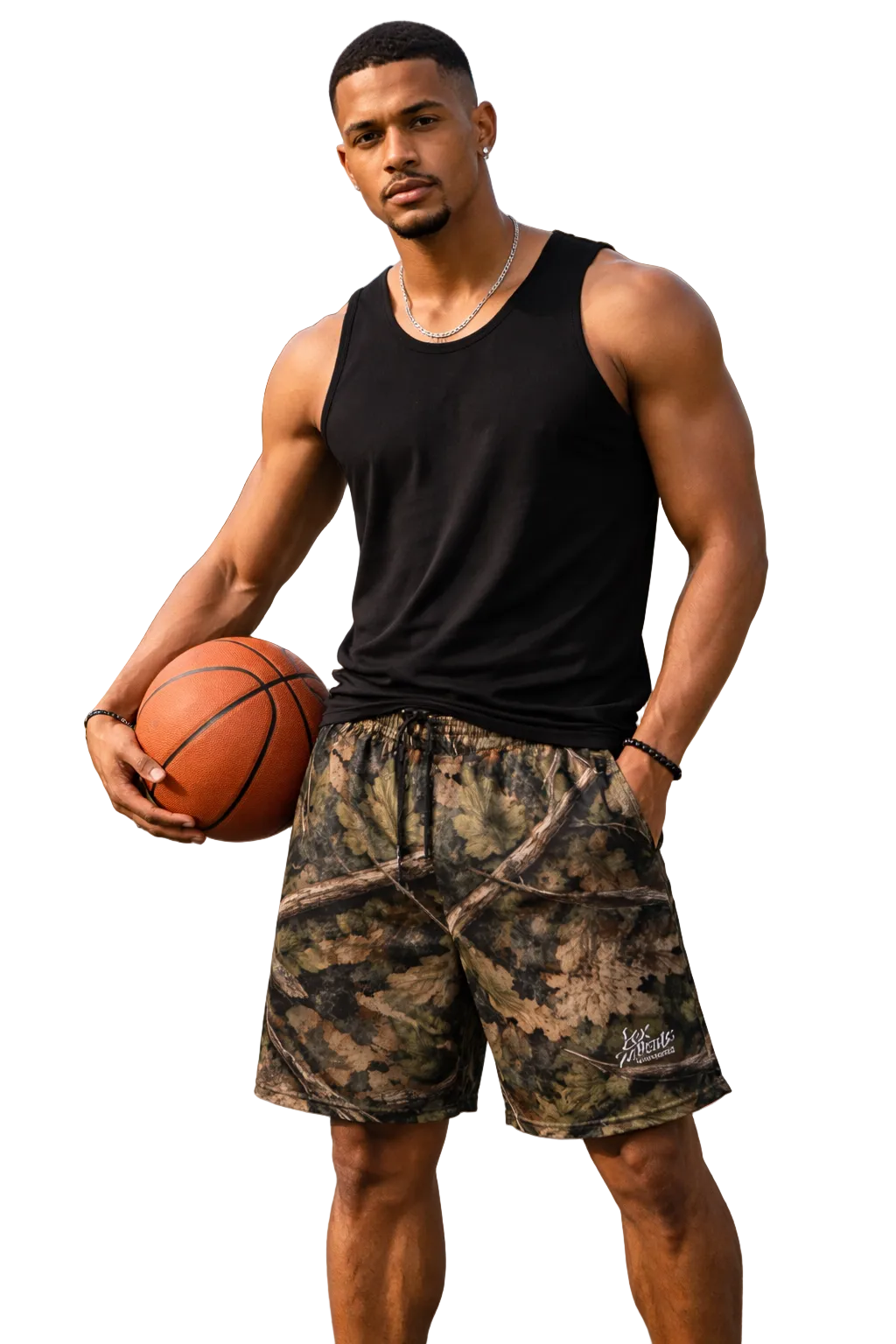 Man holding a basketball on a court wearing a black tank top and camouflage shorts.