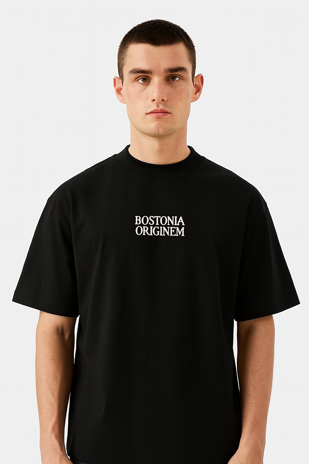 Organic Oversized High Neck "Bostonia Originem" T-shirt | Black.