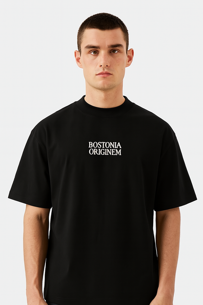 Organic Oversized High Neck "Bostonia Originem" T-shirt | Black.