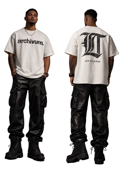Person wearing a white t-shirt with 'archivum' branding and black cargo pants, standing against a dark background.