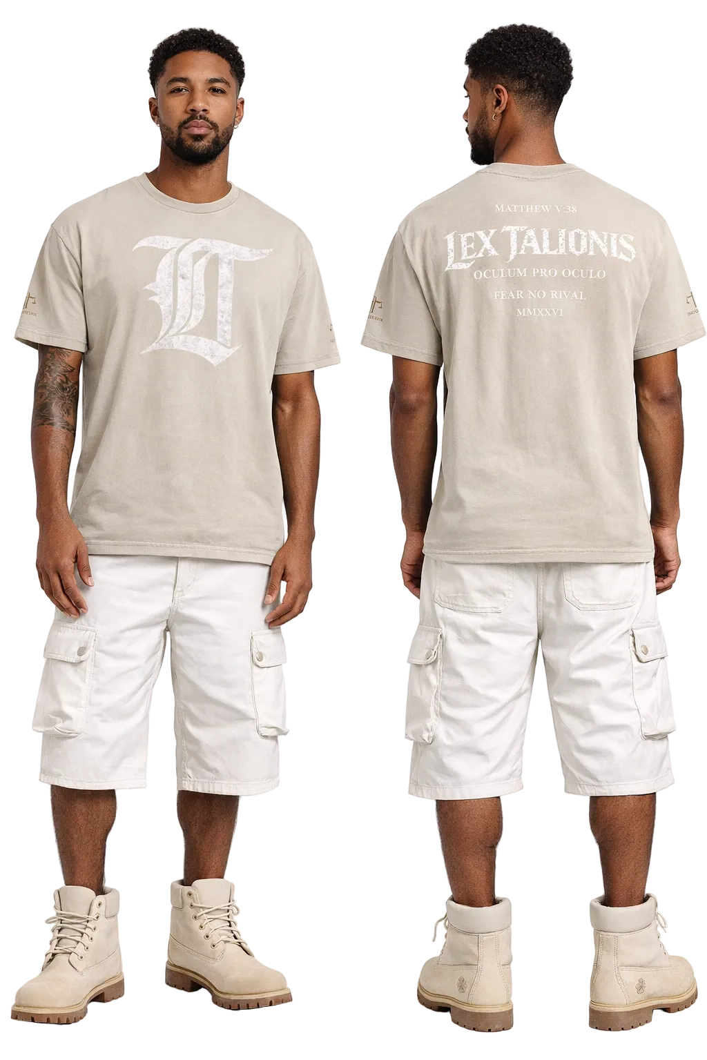 Man wearing a beige t-shirt with a logo and white cargo shorts on a white background