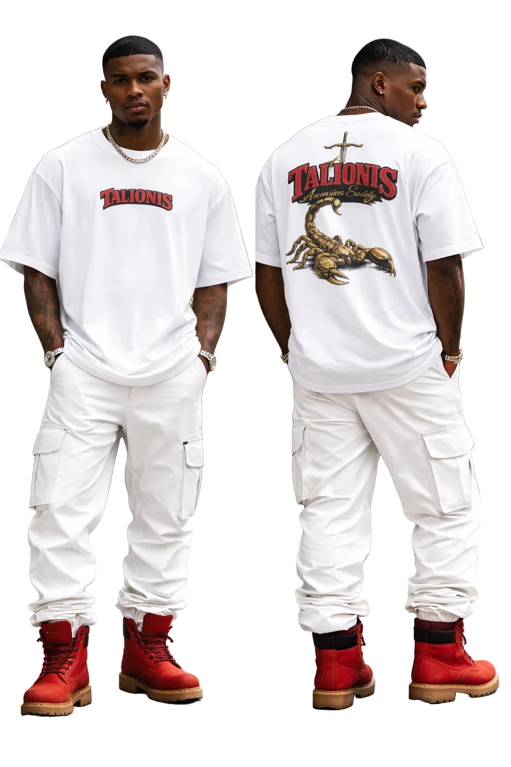 Person wearing a white t-shirt with 'Talons' branding, white pants, and red boots in an urban setting.