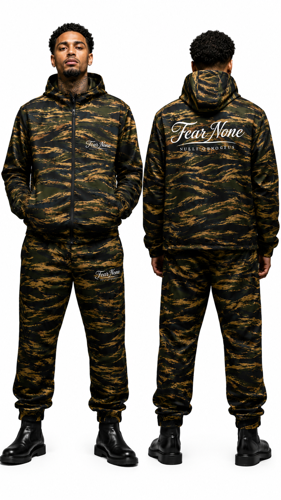 A man modeling a matching camouflage hoodie and jogger sweatpants set, shown from both the front and back views against a plain white background. The set features a dark green, black, and brown tiger stripe camouflage pattern with white 'Fear None' brand text on the chest and back.
